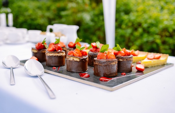 Assorted gourmet desserts presented elegantly, symbolizing the high-quality catering services for private events at Panola Valley Gardens.